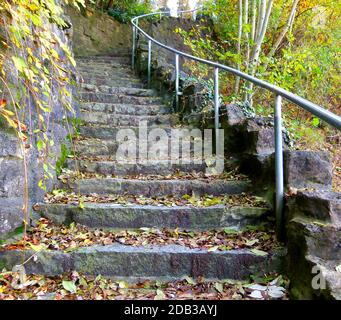 Escalier extérieur en pierres naturelles avec une légère courbe pleine de feuilles d'automne Banque D'Images