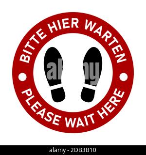 Icône de marquage au sol circulaire bilingue allemand et anglais avec empreintes de chaussures avec les expressions « Bitte Hier WARTEN » et « Please Wait ». Image vectorielle. Illustration de Vecteur