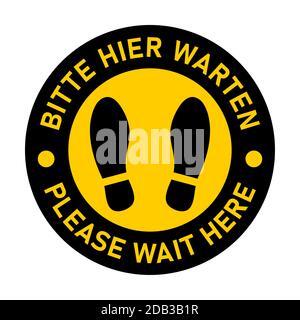 Icône de marquage au sol circulaire bilingue allemand et anglais avec empreintes de chaussures avec les expressions « Bitte Hier WARTEN » et « Please Wait ». Image vectorielle. Illustration de Vecteur