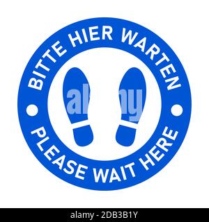 Icône de marquage au sol circulaire bilingue allemand et anglais avec empreintes de chaussures avec les expressions « Bitte Hier WARTEN » et « Please Wait ». Image vectorielle. Illustration de Vecteur