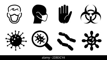 Bactéries virales differtentes et icônes germinales. Panneau et symboles d'avertissement de mise en quarantaine pour risques biologiques Illustration de Vecteur