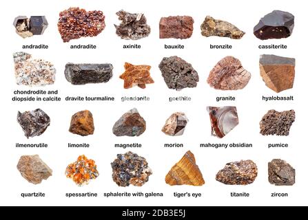 ensemble de diverses pierres brunes non polies avec des noms (bauxite, obsidienne d'acajou, brezite, andradite, sessartine, titanite, zircon, cassitérite, axinit Banque D'Images