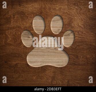 Imprimé paw pour animaux de compagnie à partir du symbole de chien gravé dans un panneau en bois texture du bois 3d avec lumière et ombres Banque D'Images