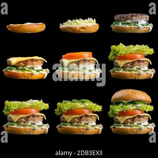 Processus de fabrication de hamburger, étape par étape isolé sur fond noir. Bannière Burger large. Hamburger en deux parties. Burger divisé en parties. Vues de face Banque D'Images