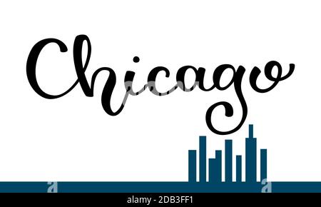 Lettrage à la main Chicago avec une silhouette de gratte-ciel.Template pour carte, affiche, impression. Illustration de Vecteur