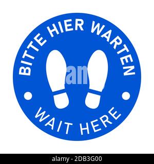 Icône de marquage au sol circulaire bilingue allemand et anglais avec empreintes de chaussures avec les expressions « Bitte Hier WARTEN » et « Please Wait ». Image vectorielle. Illustration de Vecteur