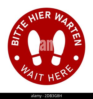 Icône de marquage au sol circulaire bilingue allemand et anglais avec empreintes de chaussures avec les expressions « Bitte Hier WARTEN » et « Please Wait ». Image vectorielle. Illustration de Vecteur