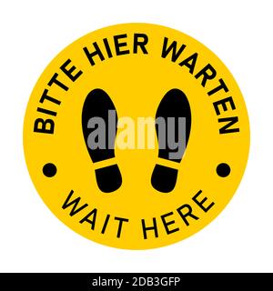 Icône de marquage au sol circulaire bilingue allemand et anglais avec empreintes de chaussures avec les expressions « Bitte Hier WARTEN » et « Please Wait ». Image vectorielle. Illustration de Vecteur