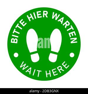 Icône de marquage au sol circulaire bilingue allemand et anglais avec empreintes de chaussures avec les expressions « Bitte Hier WARTEN » et « Please Wait ». Image vectorielle. Illustration de Vecteur