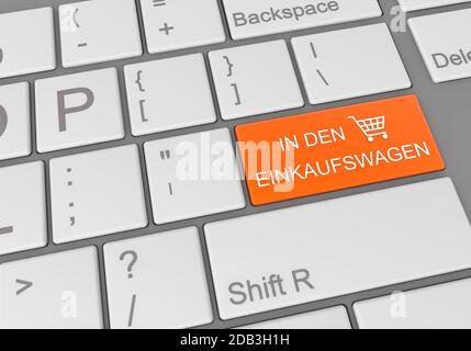 Illustration numérique d'un clavier d'ordinateur avec un orange bouton ajouter au panier en allemand pour les achats en ligne Banque D'Images