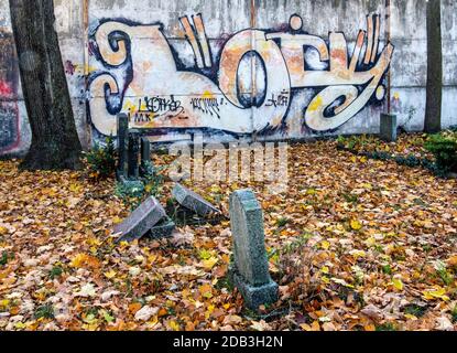 Friedhof Sophien ll, Mitte, cimetière de Berlin en automne avec tombes, tapis de feuilles brunes et mur couvert de graffiti Banque D'Images