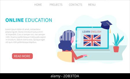 Modèle de page d'arrivée. Apprentissage de l'anglais en ligne, concept d'enseignement à distance. Formation linguistique et cours. Femme étudiant étudie les langues étrangères sur Illustration de Vecteur