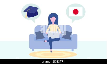 Apprentissage japonais en ligne, enseignement à distance, concept d'apprentissage. Formation linguistique et cours. Une étudiante étudie des langues étrangères sur un site Web dans un Illustration de Vecteur