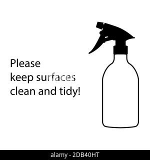Les surfaces doivent être propres et bien rangées, avec une affiche, une bouteille vaporisée et un symbole d'illustration vectorielle minimaliste plat Illustration de Vecteur