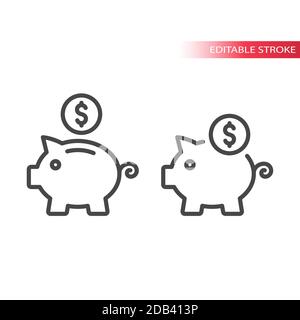 Piggy Bank avec icône de pièce de dollar. Symbole de contour modifiable de concept économique, financier ou économique. Illustration de Vecteur