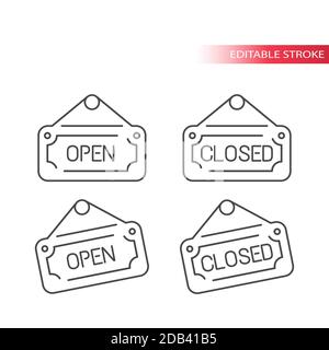 Icône de vecteur de ligne de signe ouverte et fermée. Symbole d'avertissement de la porte du magasin, contour, contour modifiable. Illustration de Vecteur