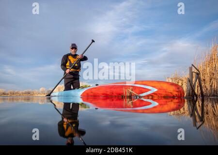 Le paddler masculin senior d'un combinaison de plongée pagayage est un paddleboard debout sur un lac dans le Colorado, l'hiver ou le début du printemps, la caméra d'action à faible angle vie Banque D'Images