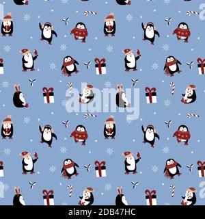 Motif de Noël sans coutures avec jolis pingouins de dessin animé. Décoration d'hiver. Illustration vectorielle. Illustration de Vecteur