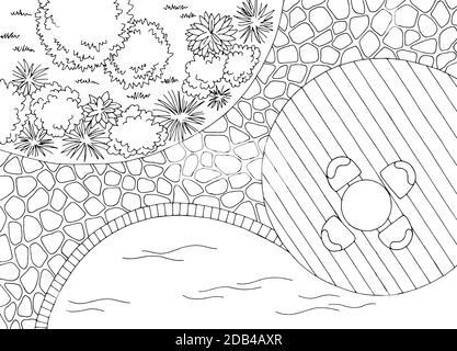 Plan de paysage jardin architecte design arrière-cour graphique noir blanc esquisse vecteur d'illustration de la vue aérienne Illustration de Vecteur