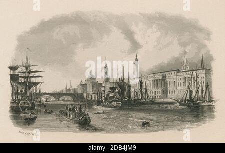 Gravure antique c1845, Port de Londres. Le port de Londres est la partie de la Tamise en Angleterre située entre l'écluse de Teddington et la frontière définie avec la mer du Nord et incluant les quais associés. SOURCE : GRAVURE ORIGINALE Banque D'Images