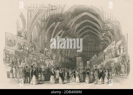 Gravure antique c1845, Westminster Hall comme galerie de peinture au Palais de Westminster, Londres, Angleterre. SOURCE : GRAVURE ORIGINALE Banque D'Images