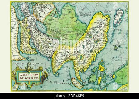 'Abraham Ortelius (Abraham Ortels) (14 avril 1527 ? 28 juin 1598) était un cartographe et géographe flamand, généralement reconnu comme le créateur du premier atlas moderne, le Theatrum Orbis Terrarum (Théâtre du monde). Il est également considéré comme la première personne à imaginer que les continents ont été réunis avant de dériver à leurs positions actuelles. En 1564, il termine une carte du monde à huit feuilles, qui apparaît ensuite sous forme réduite dans le Théatrum. La seule copie existante de cette grande carte se trouve dans la bibliothèque de l'Université de Bâle. Le 20 mai 1570, Gilles Banque D'Images