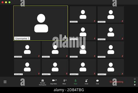 Modèle d'interface utilisateur de vidéoconférence, superposition de la fenêtre appels de vidéoconférence. Quatre utilisateurs. Illustration de Vecteur