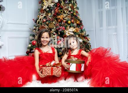 deux petites belles filles dans des robes magnifiques devant L'arbre de Noël Banque D'Images