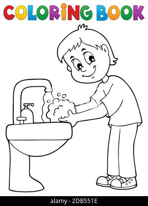 Livre de coloriage garçon lavage des mains thème 1 - illustration d'image. Banque D'Images