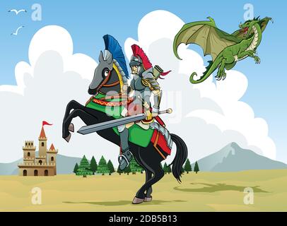 Illustration de dessin animé : un dragon volant menace un chevalier brandissant une épée. Arbres et château ancien en arrière-plan Illustration de Vecteur