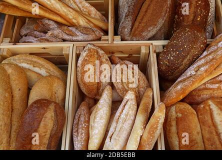 Gros plan sur plusieurs pains de blé frais assortis et baguettes dans une boîte en bois sur l'affichage au détail d'un magasin de boulangerie, vue en grand angle Banque D'Images