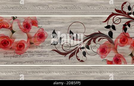 Papier peint 3D, roses, dentelle sur texture bois. Effet mural. Banque D'Images