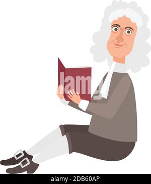 Souriant Isaac Newton lit l'icône du livre, le dessin animé et le style plat Illustration de Vecteur