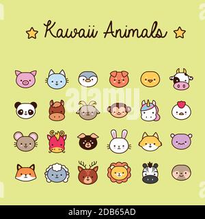 lot de vingt-quatre animaux kawaii ligne et style de remplissage illustration vectorielle Illustration de Vecteur