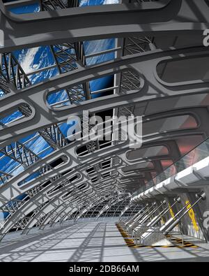 Terre vue depuis le pont de vol 3d d'une station spatiale, pour la science-fiction ou les arrière-plans de jeux vidéo. Éléments de cette illustration fournis par la NASA. Banque D'Images