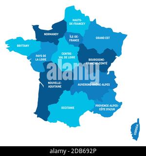 Carte politique bleue de la France. Divisions administratives - régions métropolitaines. Carte vectorielle plate simple avec étiquettes. Illustration de Vecteur
