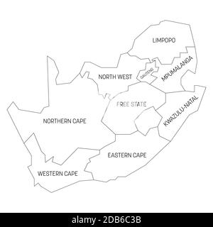 Carte politique noire de l'Afrique du Sud, RSA. Divisions administratives - provinces. Carte vectorielle simple avec étiquettes. Illustration de Vecteur