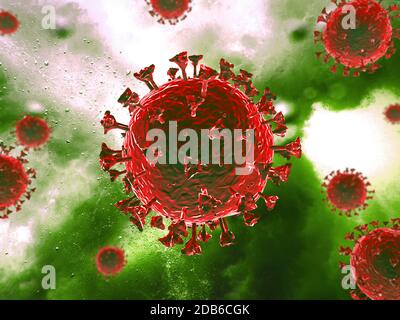 Scène du virus Corona avec structure détaillée. Sujet rouge sur fond vert. Banque D'Images