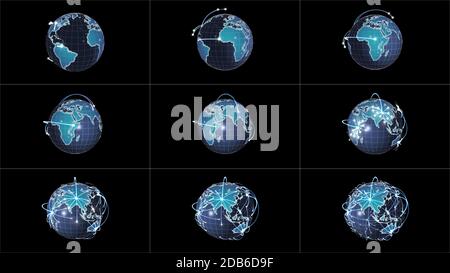 Connectivité réseau mondiale ou symboles de propagation de l'information, avec des points lumineux rebondissantes sur une terre en rotation dans neuf cas différents. Clippin Banque D'Images