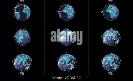 Connectivité réseau mondiale ou symboles de propagation de l'information, avec des points lumineux rebondissantes sur une terre en rotation dans neuf cas différents. Clippin Banque D'Images