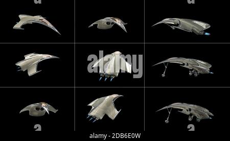 3D Illustration d'un avion de chasse futuriste sous plusieurs angles, pour les arrière-plans d'avions de science-fiction ou militaires, avec le chemin d'écrêtage inclus Banque D'Images