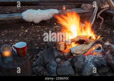 Feu de joie en soirée à l'extérieur. Concept de vacances. Photo de haute qualité Banque D'Images