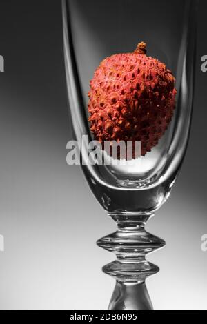 Partie supérieure d'une coupe de champagne courbée remplie d'un lychee rouge sur un dégradé clair-foncé. Banque D'Images