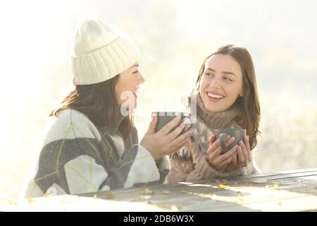 Deux heureux amis qui parlent au petit déjeuner assis en hiver le matin à l'extérieur Banque D'Images