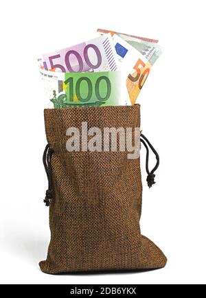Billets dans un sac sur fond blanc Banque D'Images