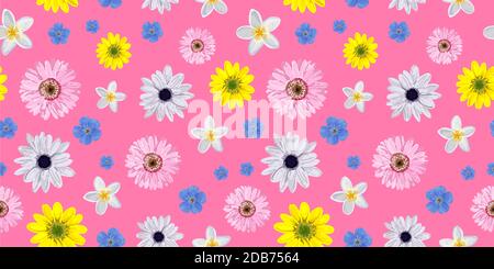 MOTIF FLEURI VECTORIEL SANS COUTURE. Fleurs réalistes. Couleurs vives printanières. Rose. Motif textile et papier d'emballage parfait. Gerbera, anemone, lin. Banque D'Images