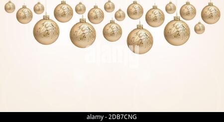 Magnifique fond de Noël avec boules dorées scintillantes isolées sur un fond beige neutre. Nouvel an, décorations de vacances. Banque D'Images