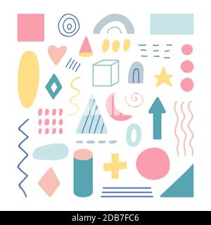 Collection de formes géométriques. Modèles géométriques dessinés à la main uniques. Les éléments de conception de Memphis pour les médias sociaux. Texture minimale. Formes organiques dans Illustration de Vecteur