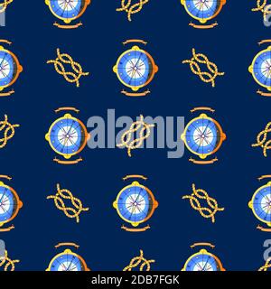 Motif pour garçon. Thème marin. Motif sans couture avec boussole et noeud marin. Couleurs jaune et bleu. Éléments lumineux d'attributs marins. Illustration de Vecteur