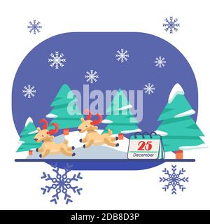 Deers avec sapins sur fond blanc isolé. Carte postale de Noël pour invitation ou carte-cadeau, carnet, carrelage de bain, album. Étui de téléphone ou Illustration de Vecteur